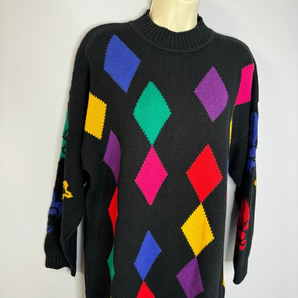 Chaus Sport Vintage Diamond Sweater Tunic Black Colorful Women's M - Picture 9 of 12